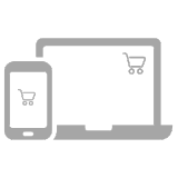 Bestell-Icon mit Smartphone und Laptop, jeweils mit Warenkorb-Symbol – Einfacher Online-Bestellprozess für Bewerbungsunterlagen.